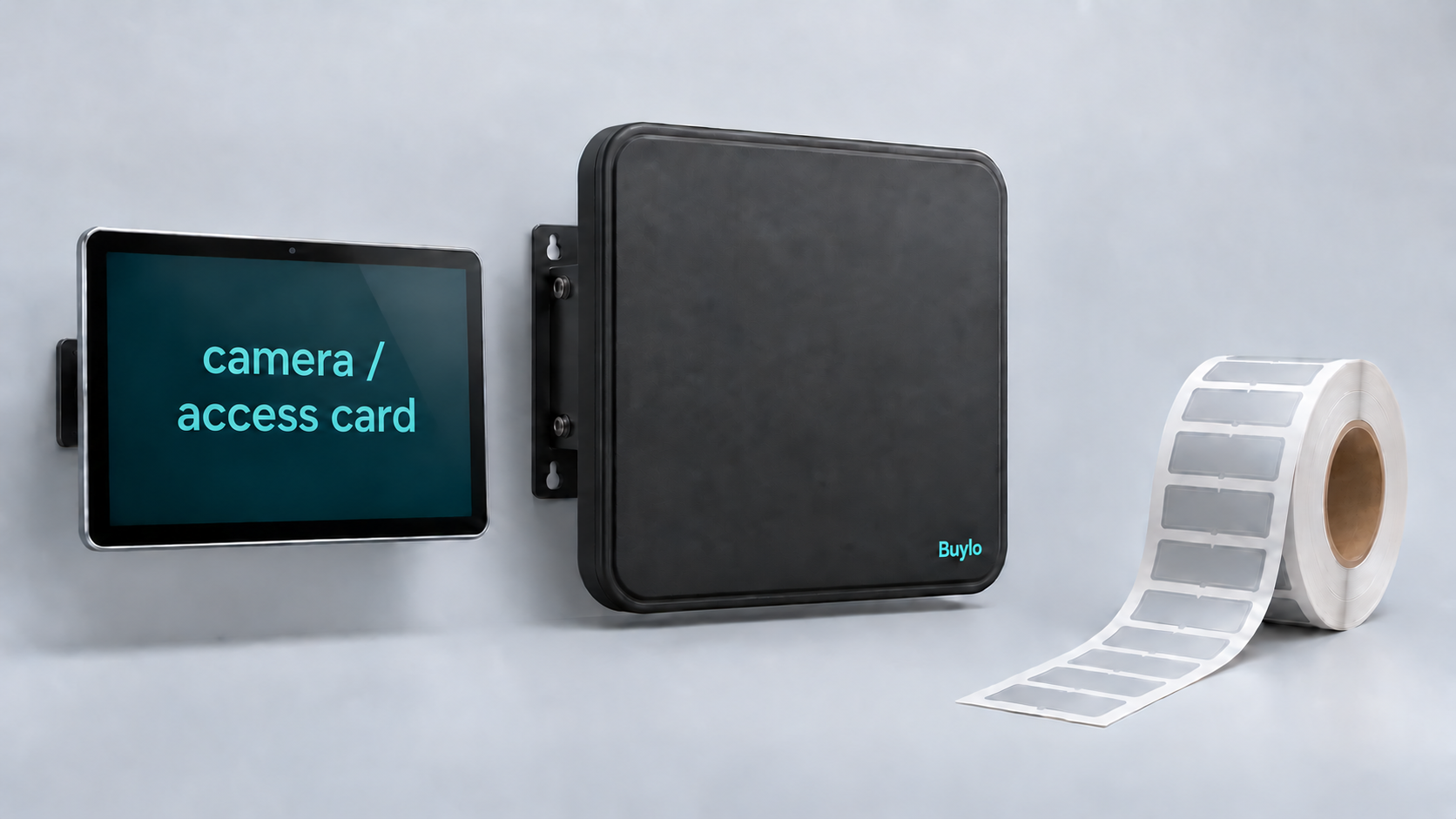 Illustrative wall tablet, square RFID antenna and roll of industrial tags