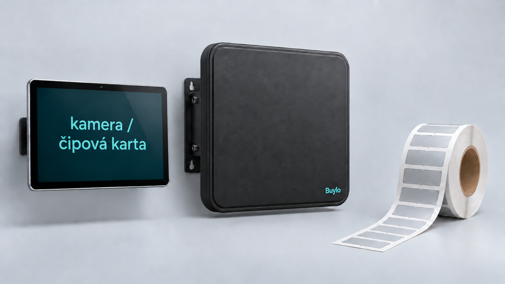 Ilustrační sestava nástěnného tabletu, jedné čtvercové RFID antény a role průmyslových tagů